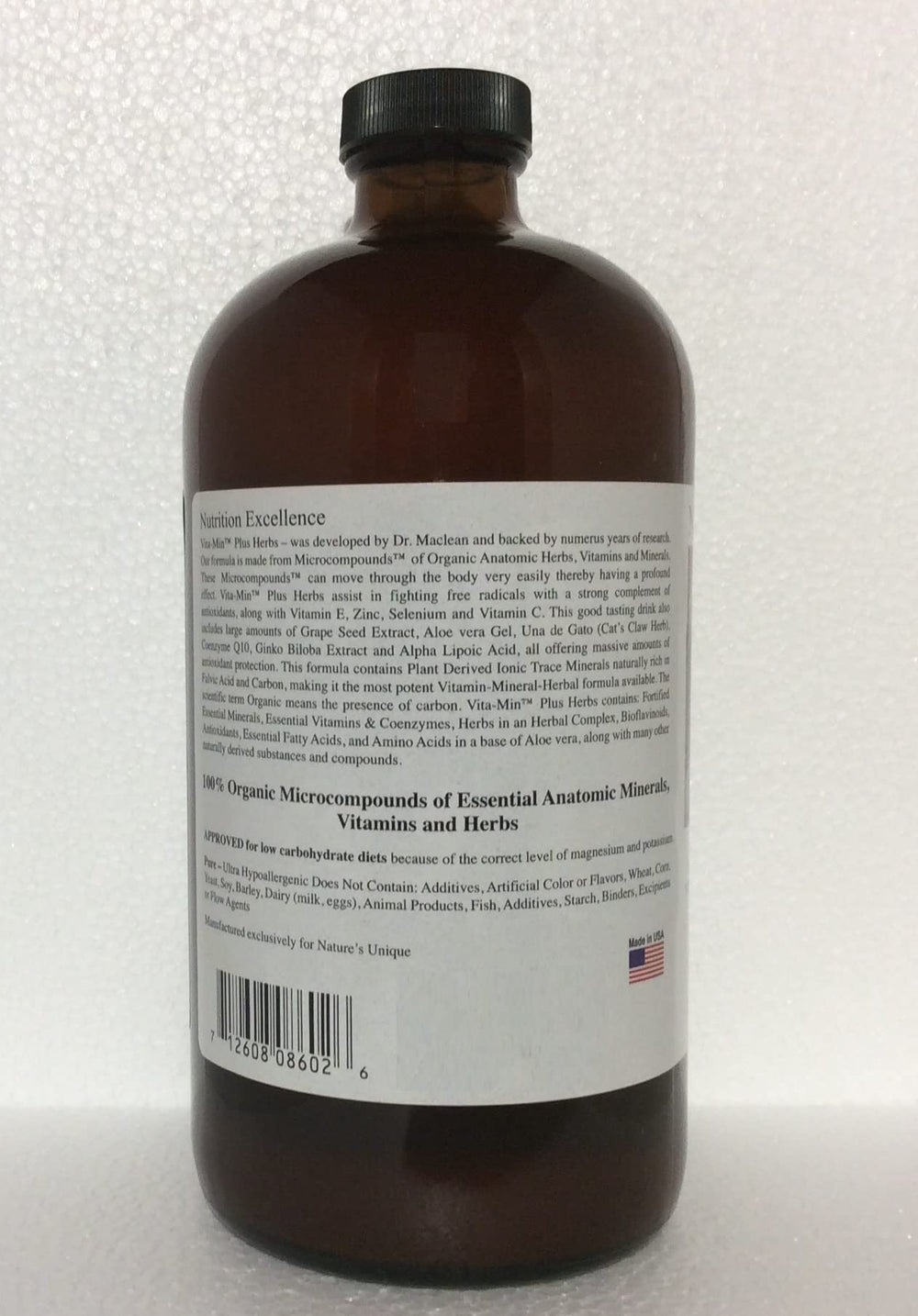 Nature's Unique Vita-Min Plus Herbs label highlights natural ingredients for immune support