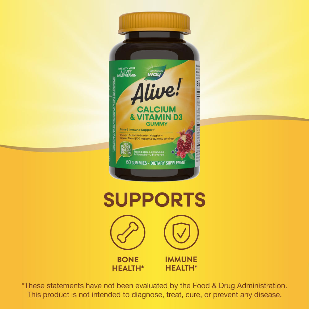 Nature's Way Alive calcium gummies flavors Strawberry and Raspberry-Lemonade for daily appeal.