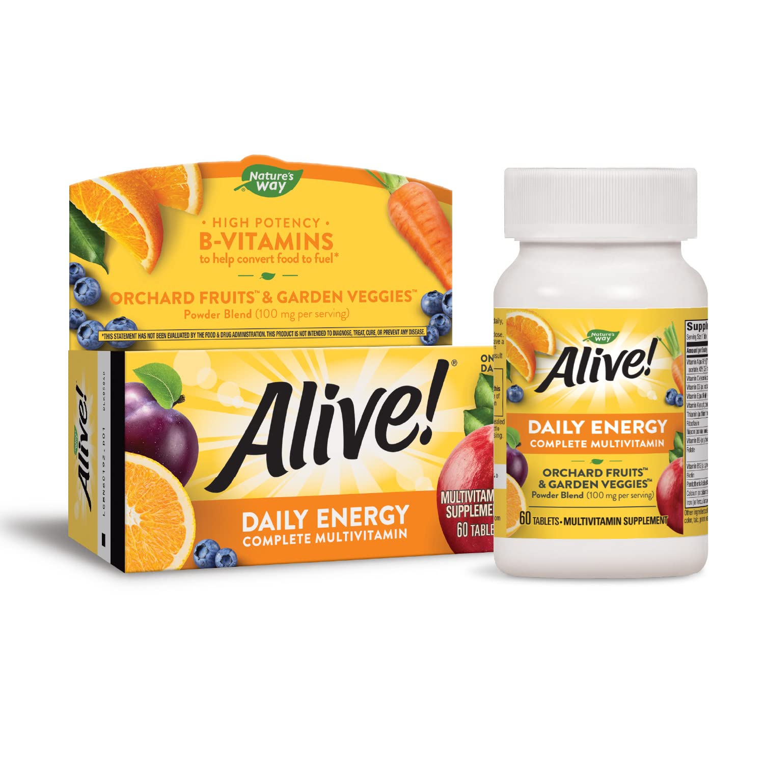 Nature's Way Alive Daily Energy ingredients blend graphic highlights orchard fruits and garden veggies.