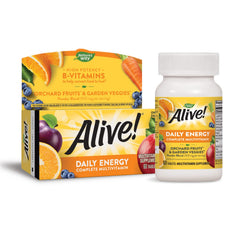 Nature's Way Alive Daily Energy ingredients blend graphic highlights orchard fruits and garden veggies.