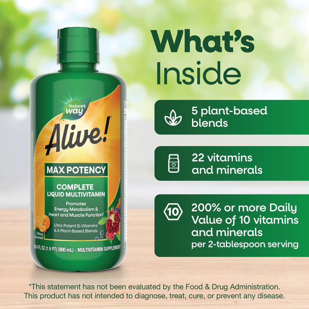 Nature's Way Alive plant-based greens blend on the label for complete nutrition