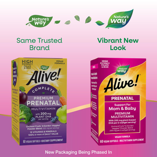 Nature's Way Alive prenatal bottle back label highlights 15 vitamins per serving.