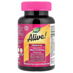 Nature's Way Alive prenatal DHA plant-source feature supports eye and brain development.