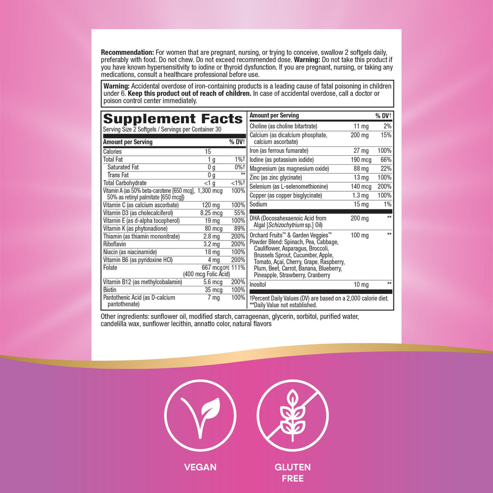 Nature's Way Alive prenatal gluten-free vegan formula excludes wheat or gelatin.