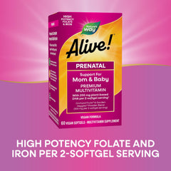 Nature's Way Alive prenatal iron and folate for balanced prenatal nutrition.