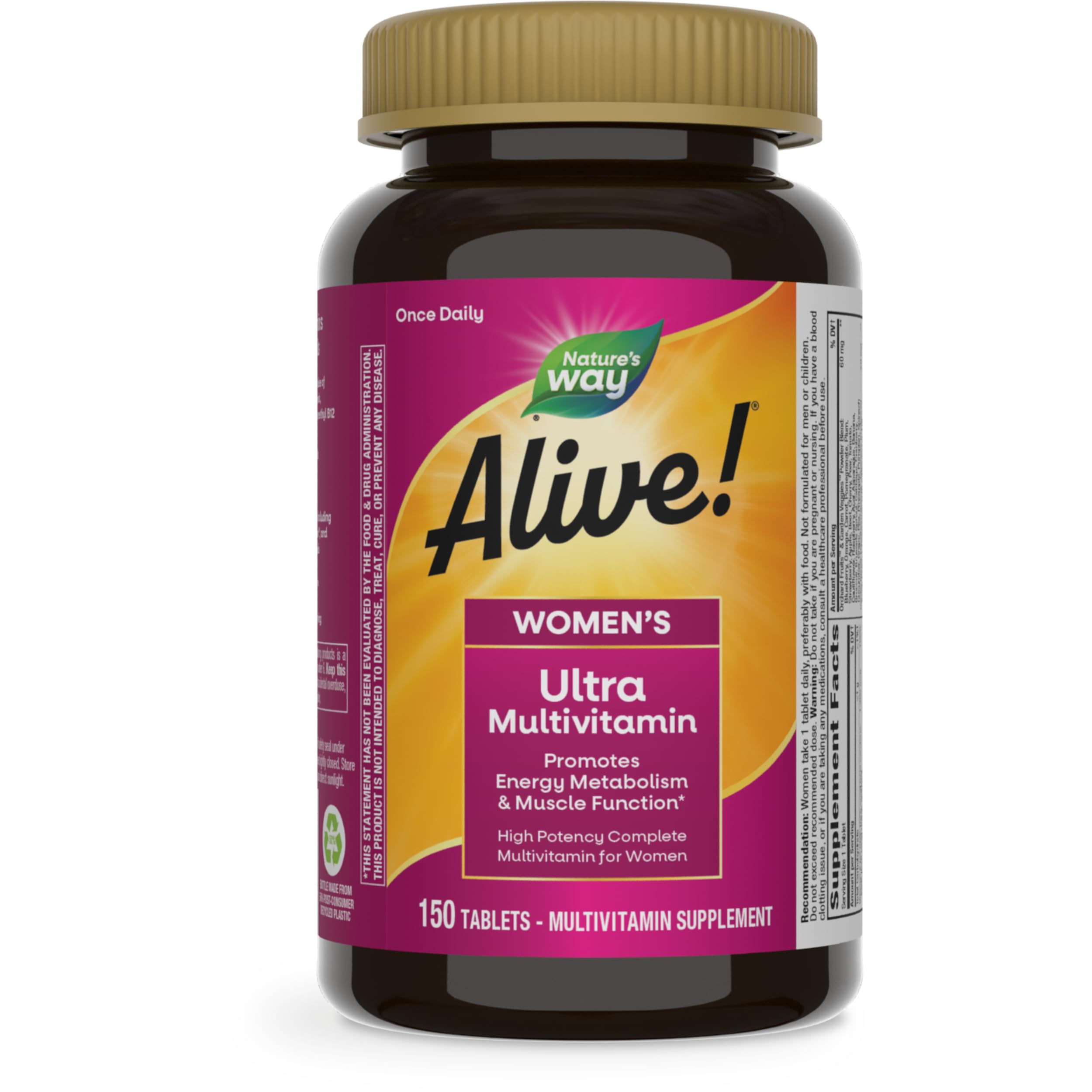 Nature's Way Alive Women's Daily Ultra Multivitamin bottle shows high-potency capsules for energy support.