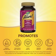 Nature's Way Alive Women's Daily Ultra Multivitamin label closeup highlighting blends and ingredients.