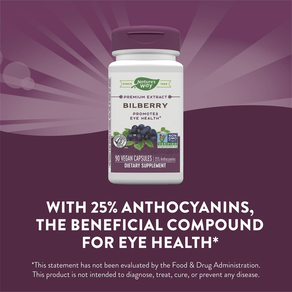 Nature's Way Bilberry capsules promote connective tissue health around eye areas.