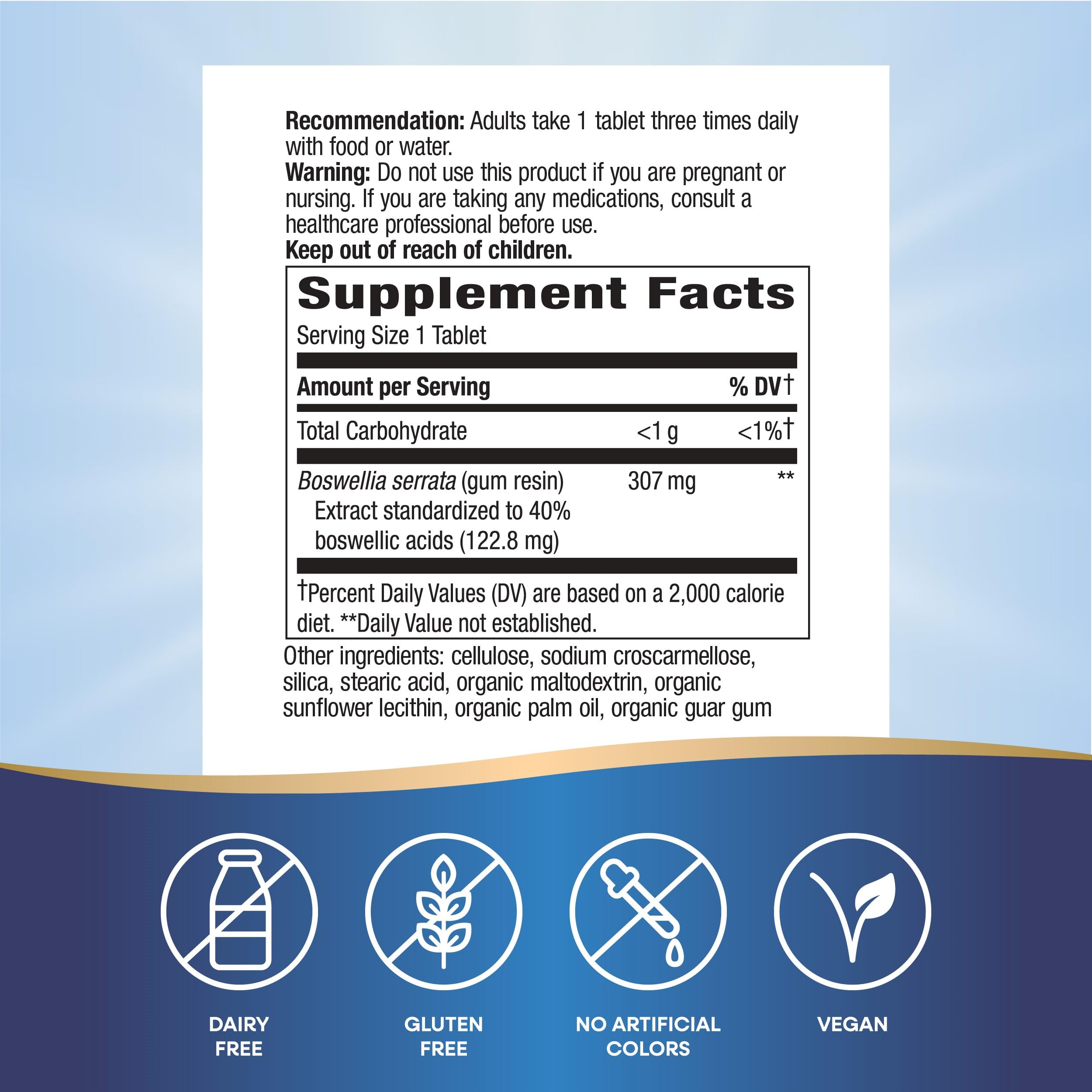 Close-up of Nature's Way Boswellia label showing 307 mg per serving, 40% boswellic acids
