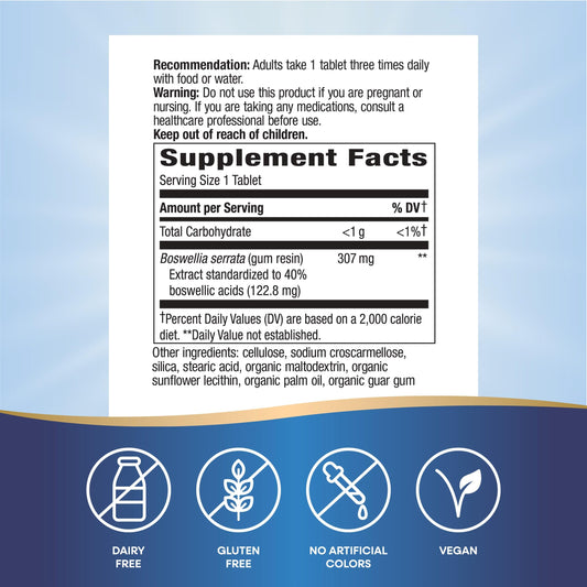 Close-up of Nature's Way Boswellia label showing 307 mg per serving, 40% boswellic acids