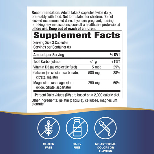 Nature's Way Calcium Magnesium D3 Complex label showcases gluten-free formula