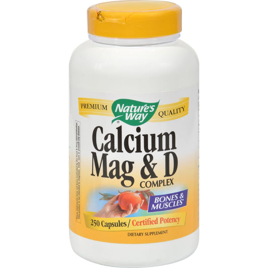 Nature's Way Calcium Magnesium & Vitamin D bottle, showing a balanced formula for bone support
