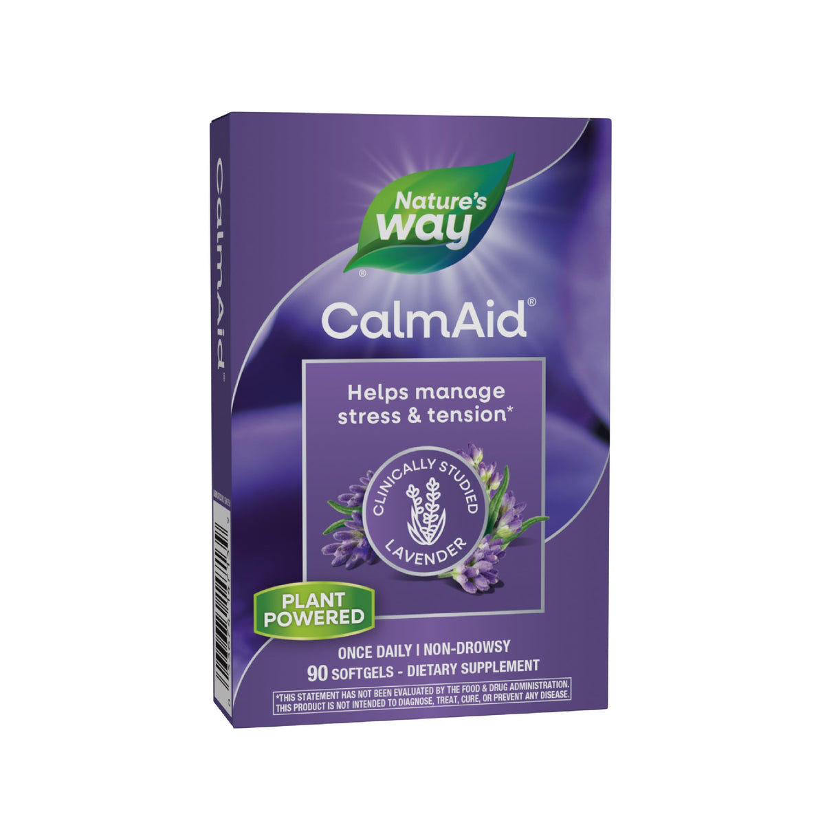 Nature's Way CalmAid bottle with softgels for daily stress support.