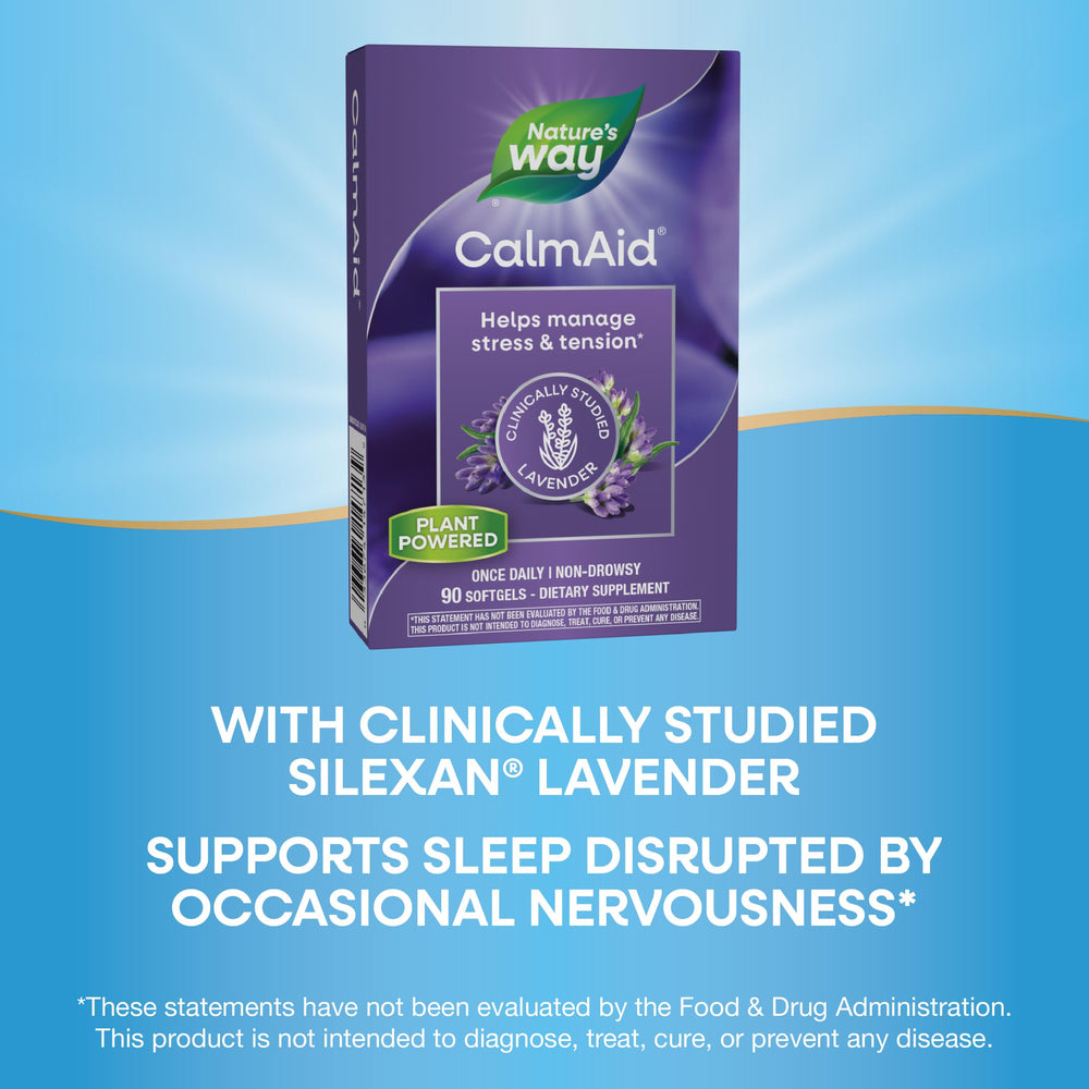 Close-up of Nature's Way CalmAid label emphasizing lavender oil.