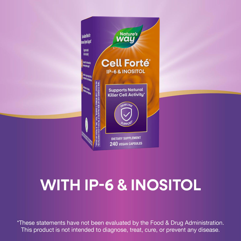 Close-up of the Cell Forté IP-6 & Inositol label with vegan and gluten-free icons.