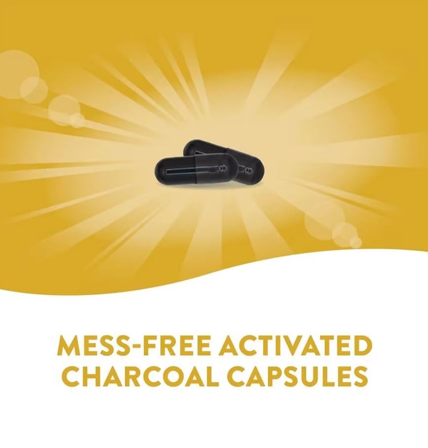 Close-up of 260 mg charcoal capsules ready for easy dosing