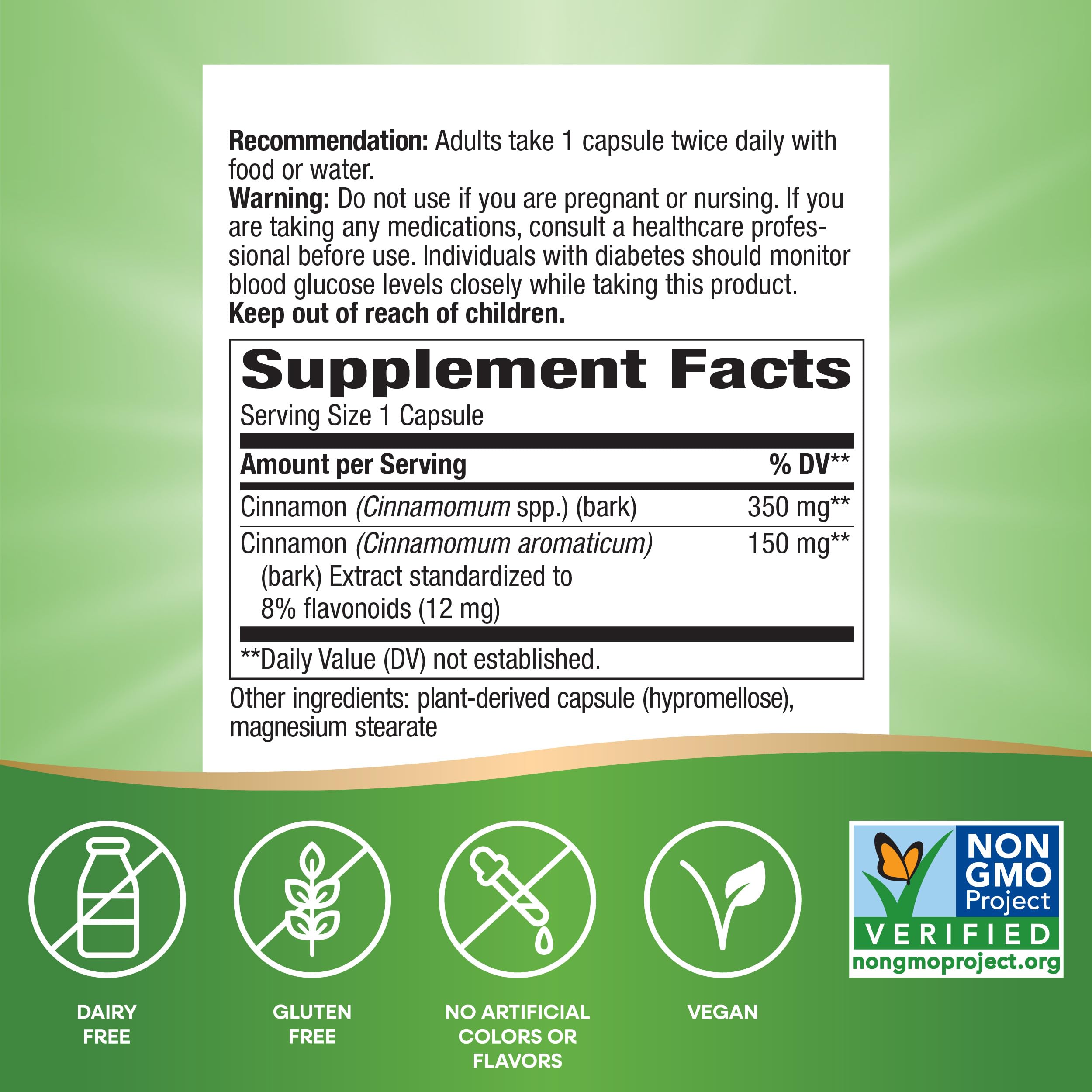 Nature's Way Cinnamon Premium Extract label shows 8% flavonoids for consistent potency