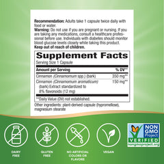 Nature's Way Cinnamon Premium Extract label shows 8% flavonoids for consistent potency