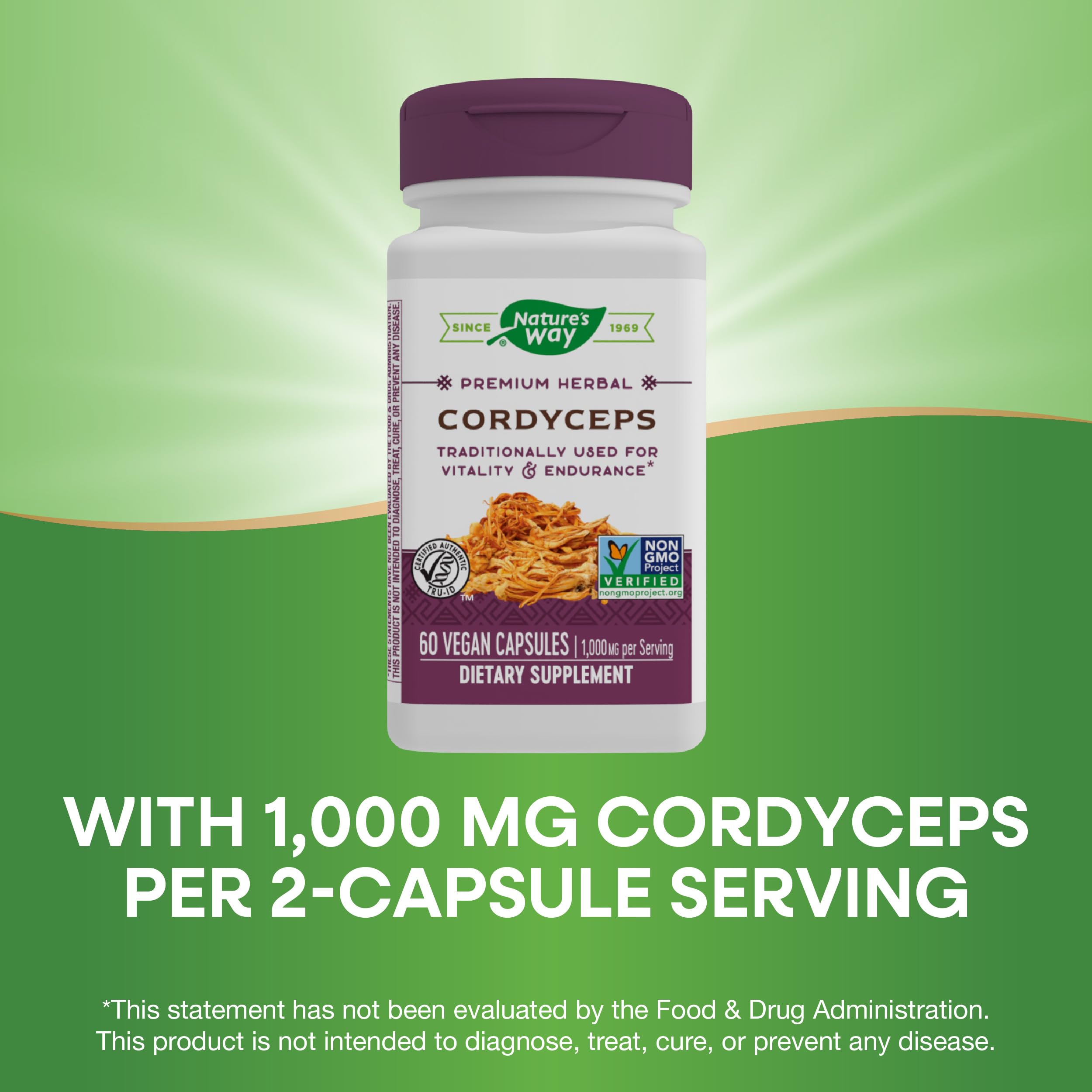 Nature's Way Cordyceps capsules close-up with 1,000 mg per serving.