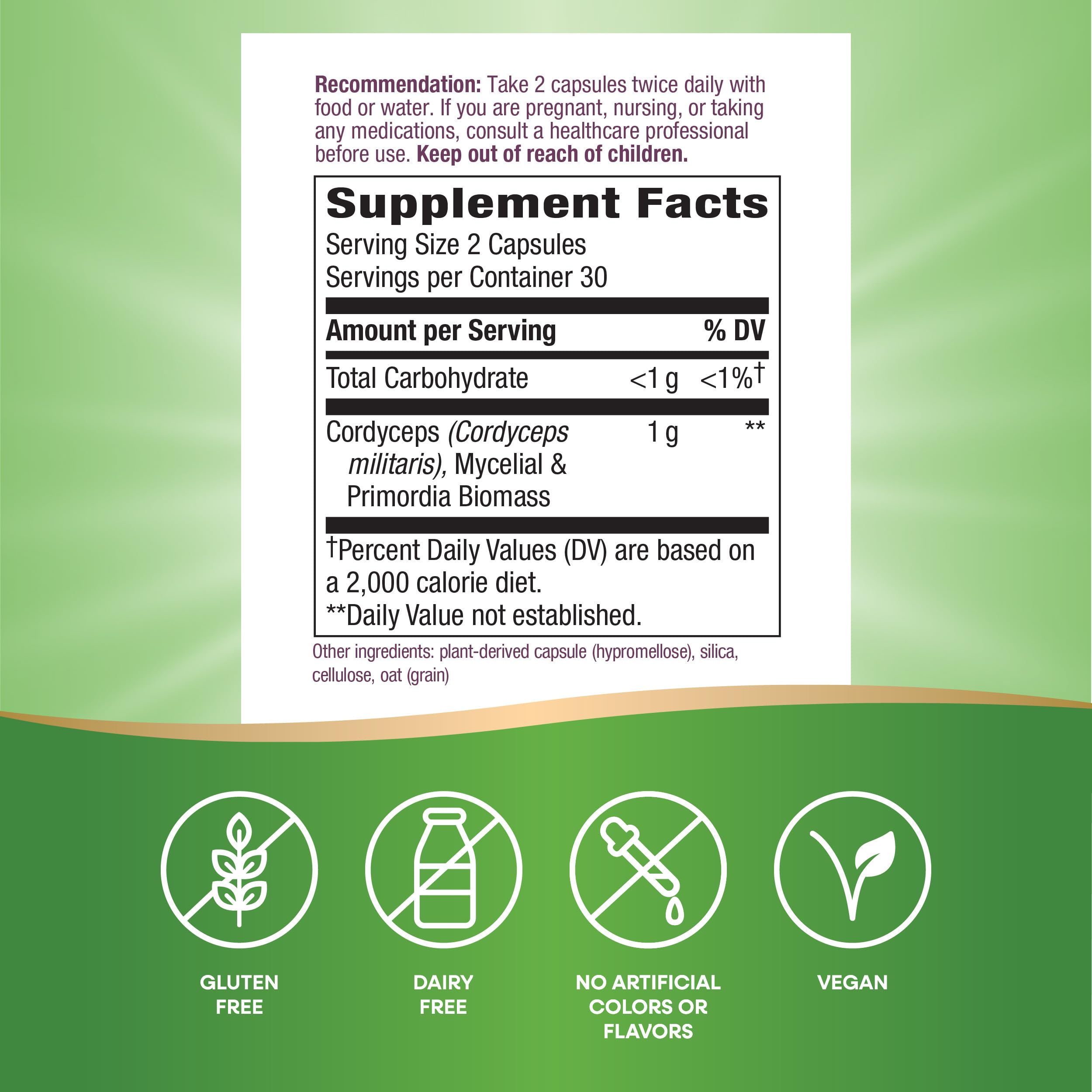 Nature's Way Cordyceps Premium bottle label shows quality testing and US sourcing.
