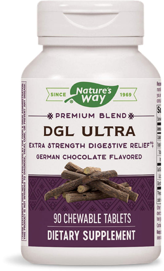 Nature's Way DGL Ultra chocolate chewable tablet for digestive comfort.