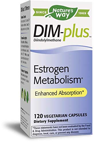 Nature's Way Dim-Plus bottle front highlighting DIM from cruciferous vegetables for estrogen metabolism support