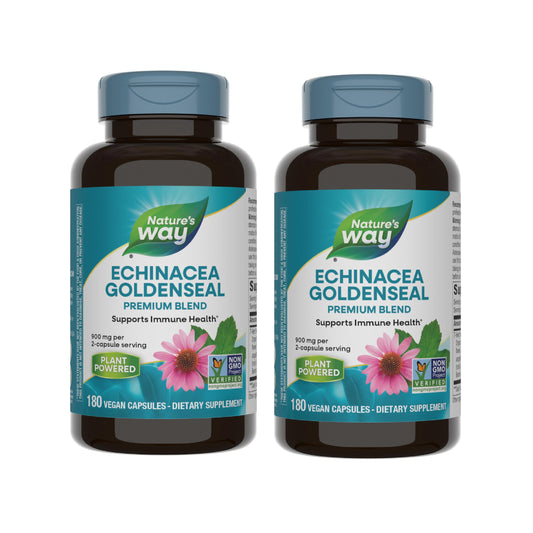 Nature's Way Echinacea Goldenseal bottle supports immune health with a seven-herb blend.