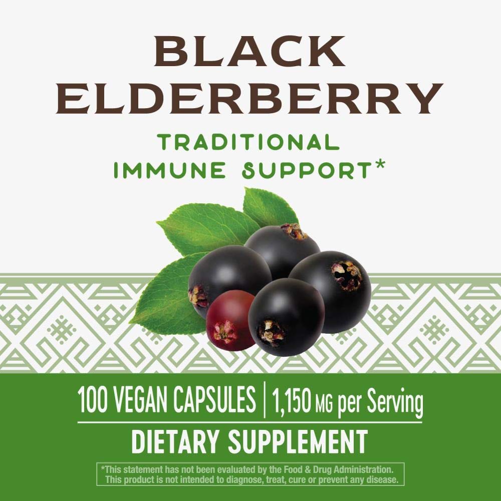 Nature's Way Elderberry bottle label clearly lists 575 mg per capsule.