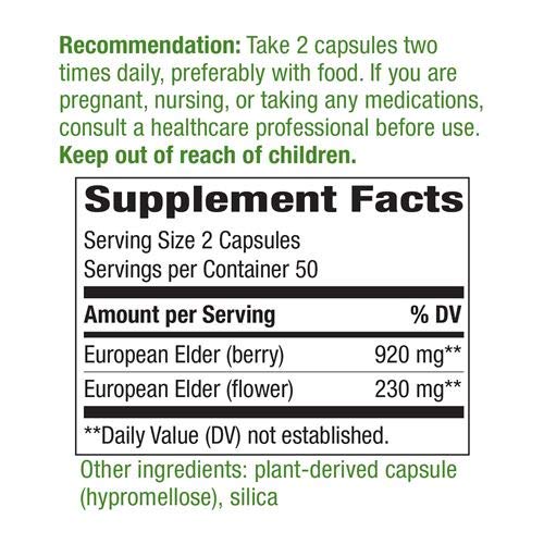 Nature's Way Elderberry capsules close-up emphasizes smooth texture and easy swallow.