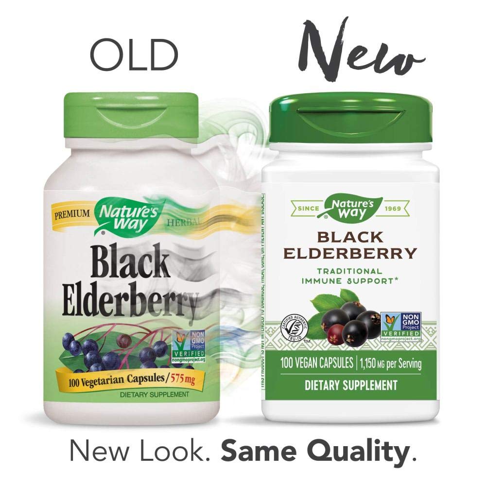 Nature's Way Elderberry capsules in hand suggest everyday wellness routine.