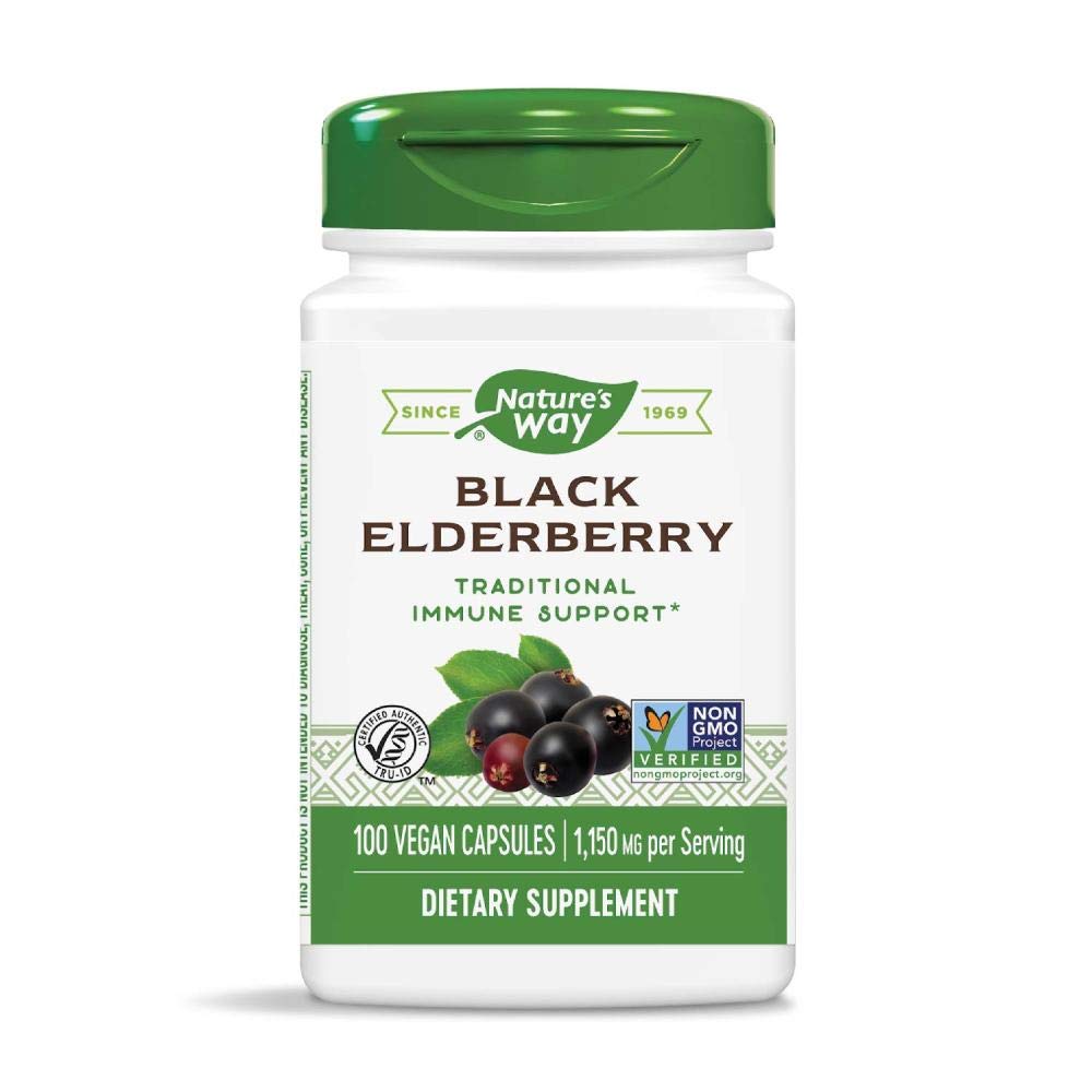 Nature's Way Elderberry capsules packaging shows two-bottle value for convenient use.