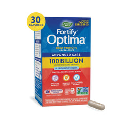 Nature's Way Fortify Optima bottle front view highlighting 100B cultures for digestive support