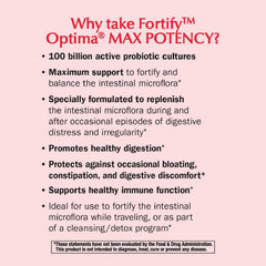 Nature's Way Fortify Optima ingredients panel emphasizes 15 strains and prebiotics for gut balance.