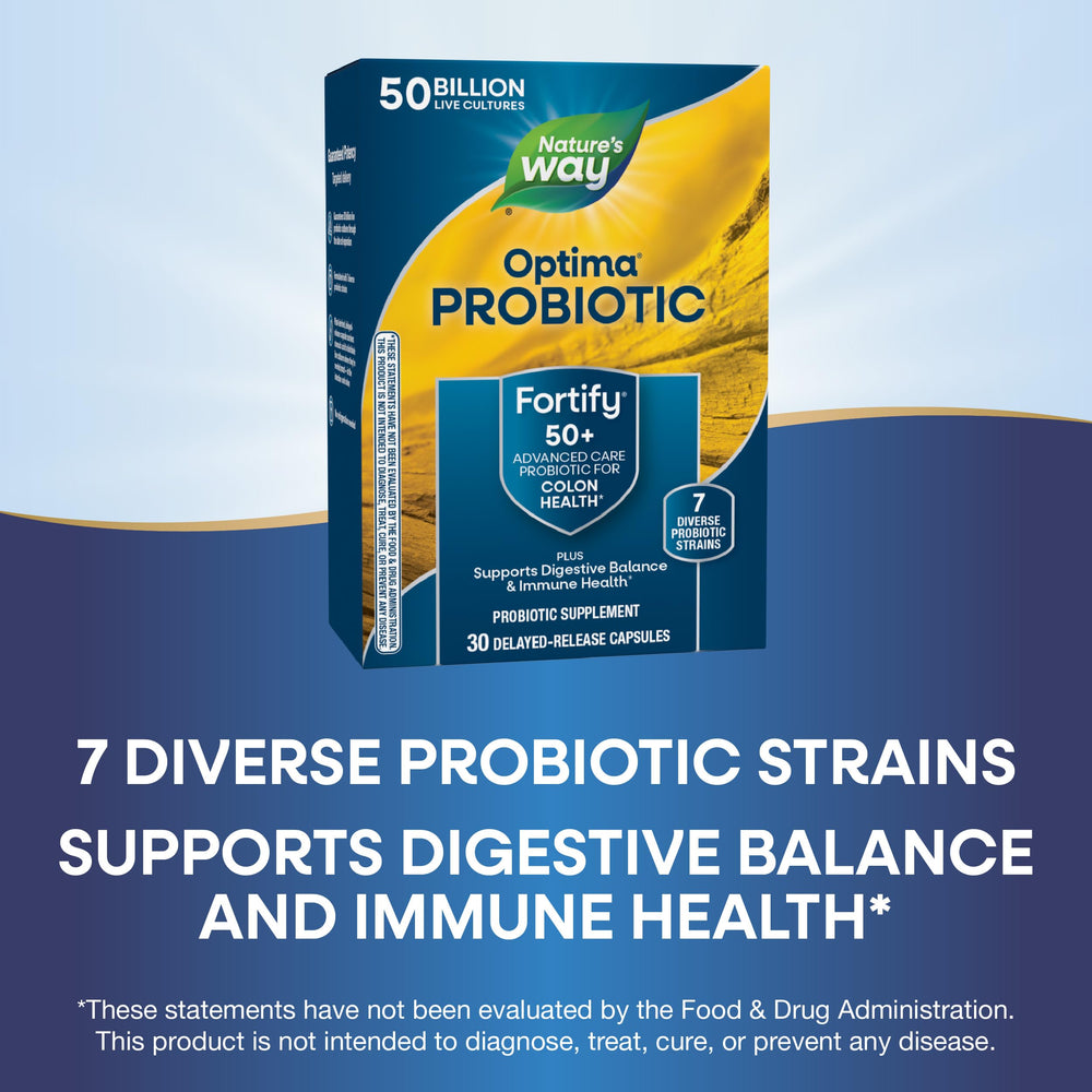 Fortify Optima packaging emphasizes seven probiotic strains for diverse balance.