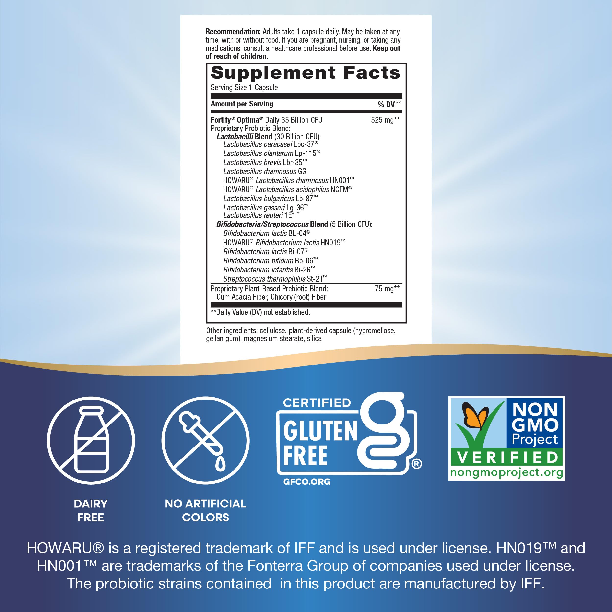 Nature's Way Fortify Optima probiotic bottle back panel highlights ingredients and directions.