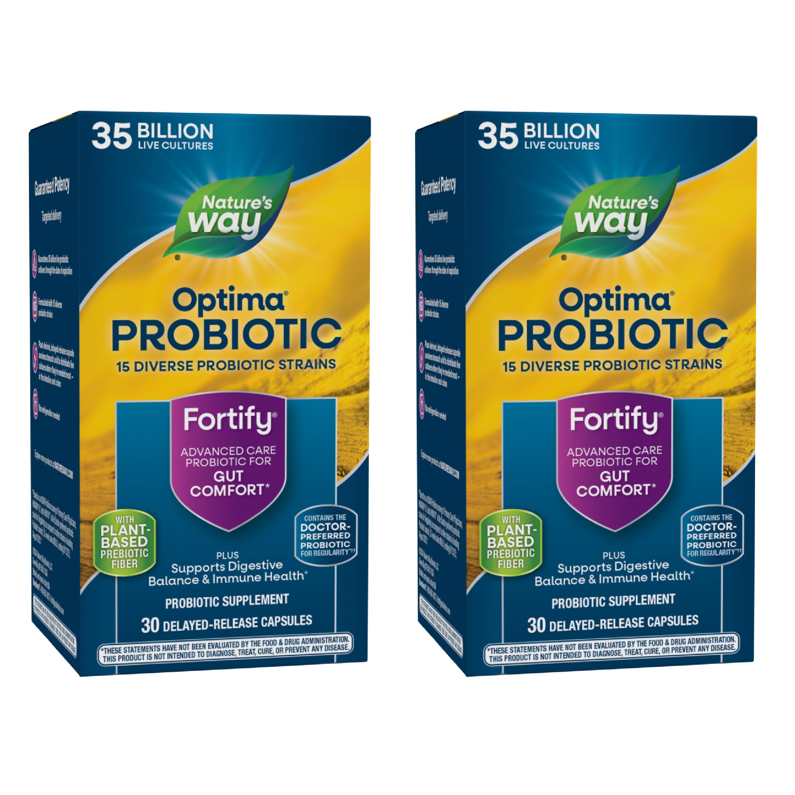 Nature's Way Fortify Optima probiotic bottle front shows 35B CFUs and 14 strains for daily balance.