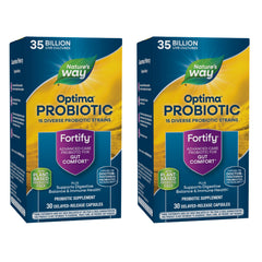 Nature's Way Fortify Optima probiotic bottle front shows 35B CFUs and 14 strains for daily balance.