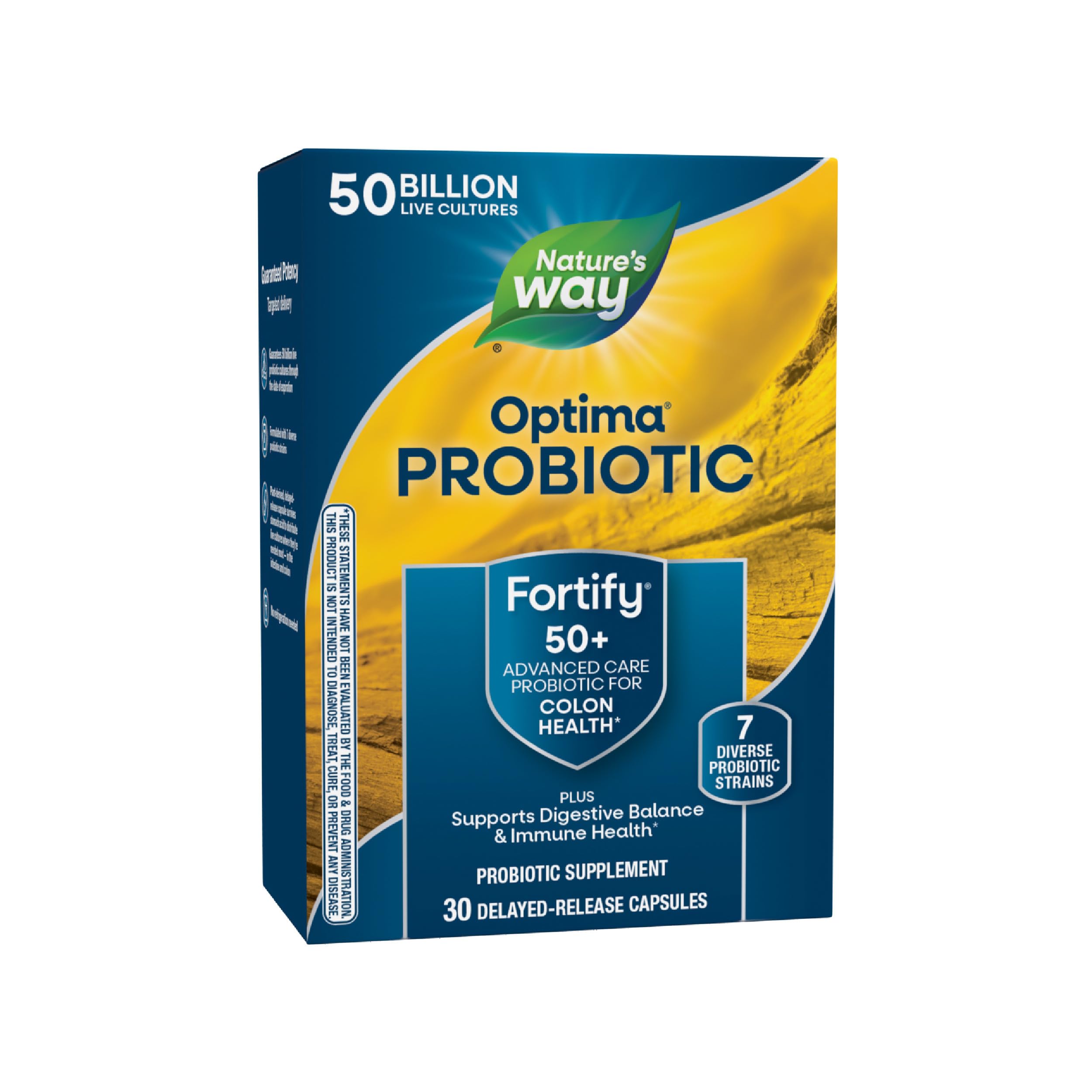 Nature's Way Fortify Optima probiotic bottle highlights 50 billion cultures for daily digestive balance.