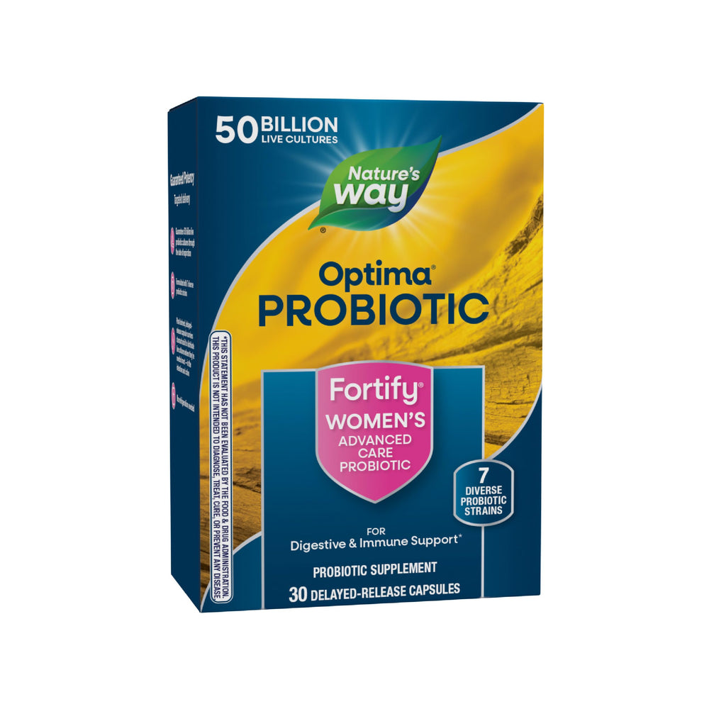Nature's Way Fortify Optima probiotic bottle highlighting 50B cultures for daily digestive support.