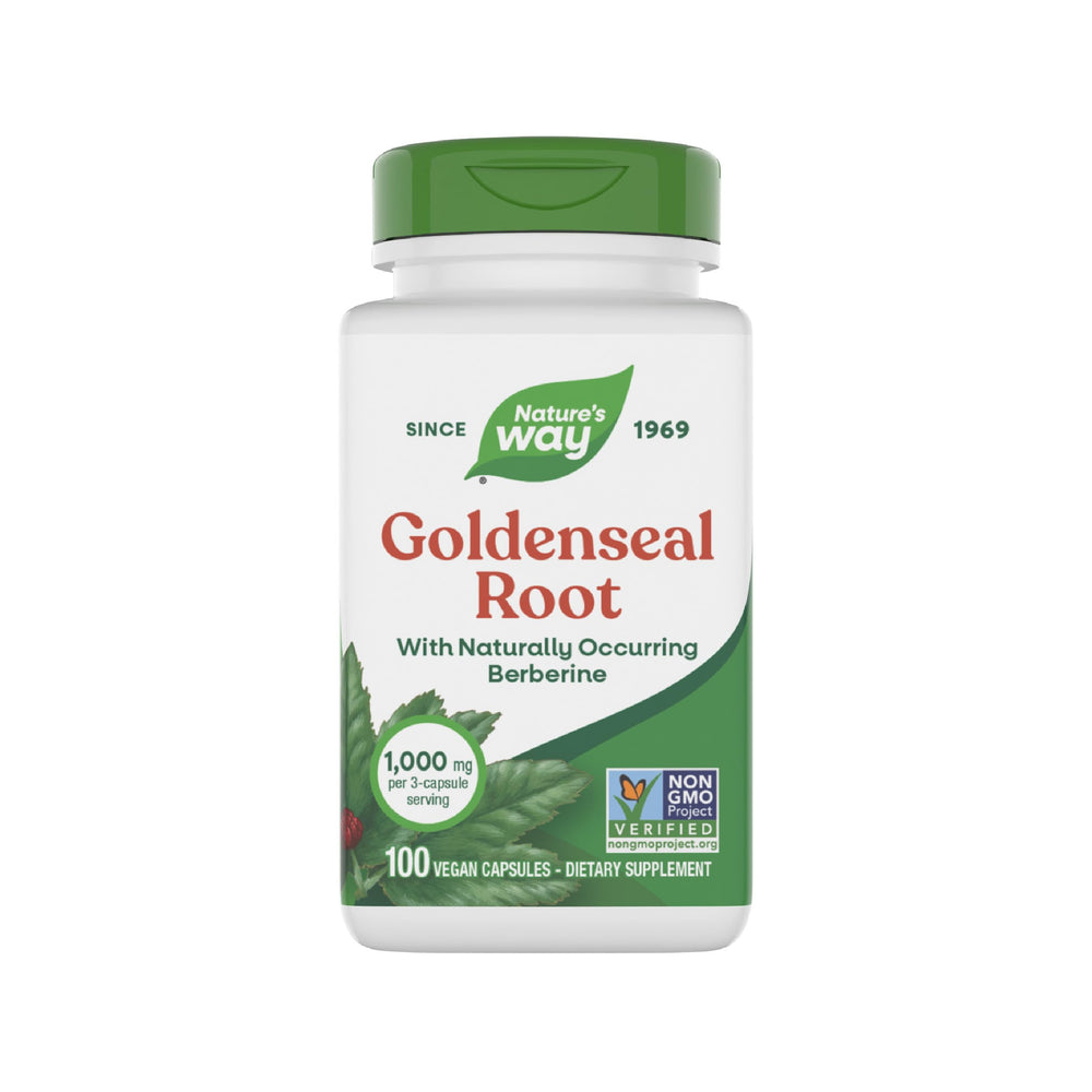 Natures Way Goldenseal Root bottle front promotes traditional digestive support in a vegan, non-GMO formula.