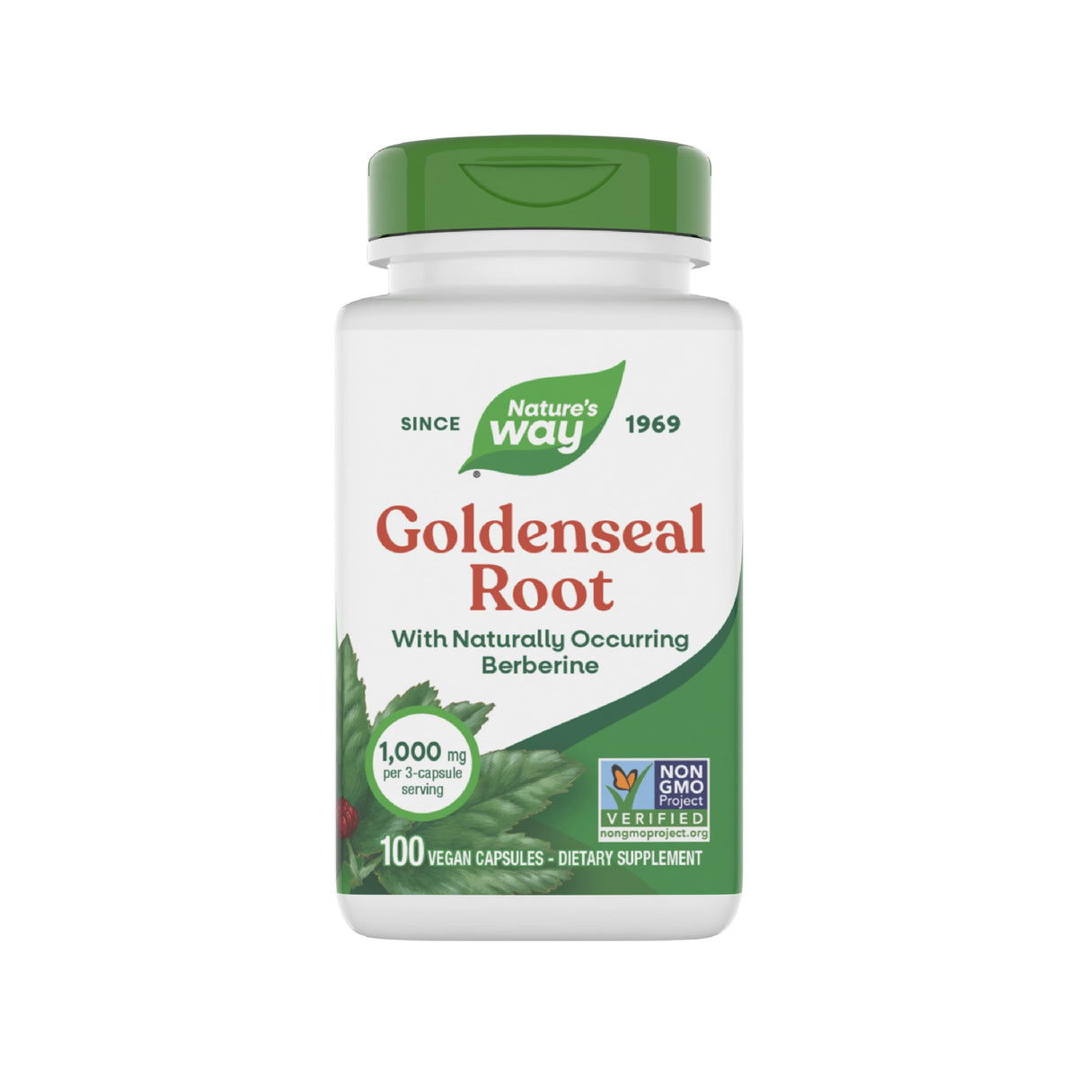 Natures Way Goldenseal Root bottle front promotes traditional digestive support in a vegan, non-GMO formula.