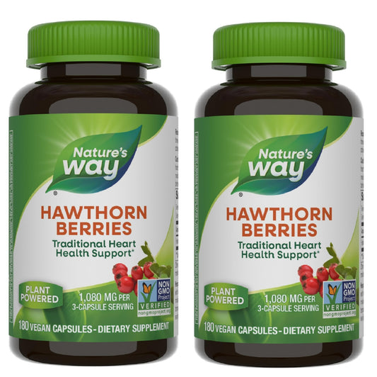 Nature's Way hawthorn berries bottle with red berries suggesting heart-support heritage.
