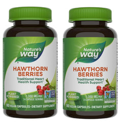 Nature's Way hawthorn berries bottle with red berries suggesting heart-support heritage.