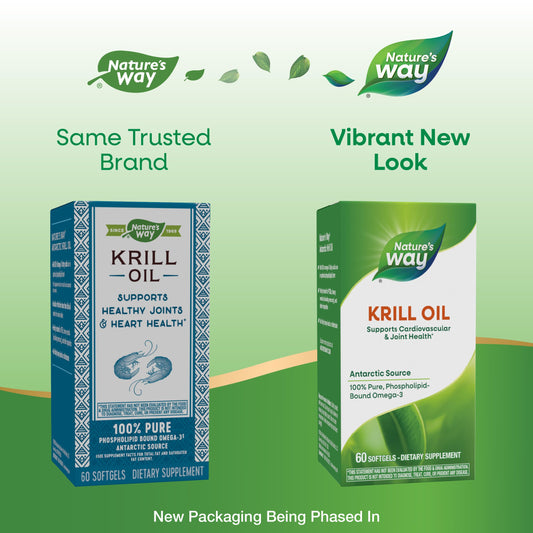 Nature's Way Krill Oil capsules close-up showing easy-to-swallow softgels
