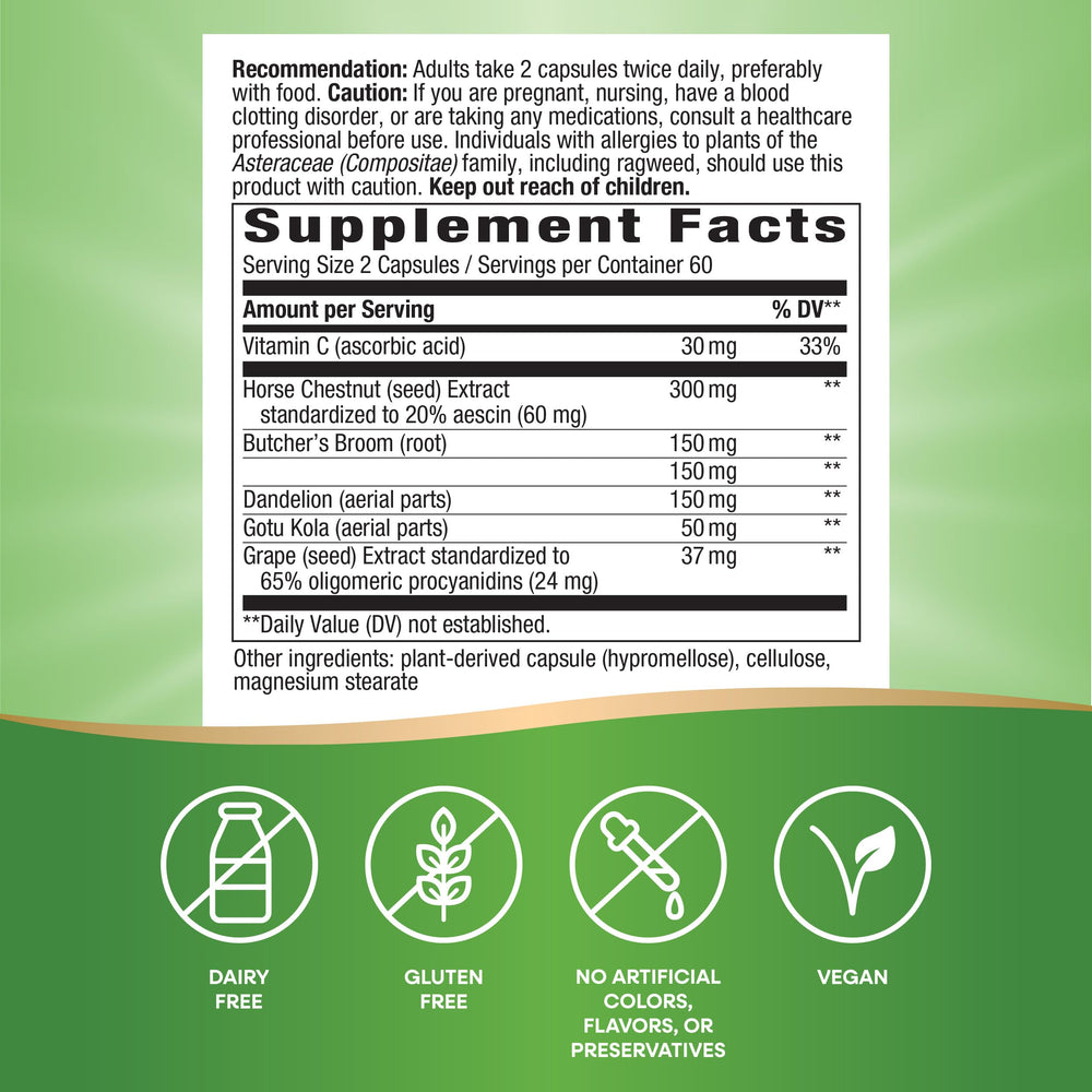 Nature's Way Leg Veins capsules in pack highlight vegan formula