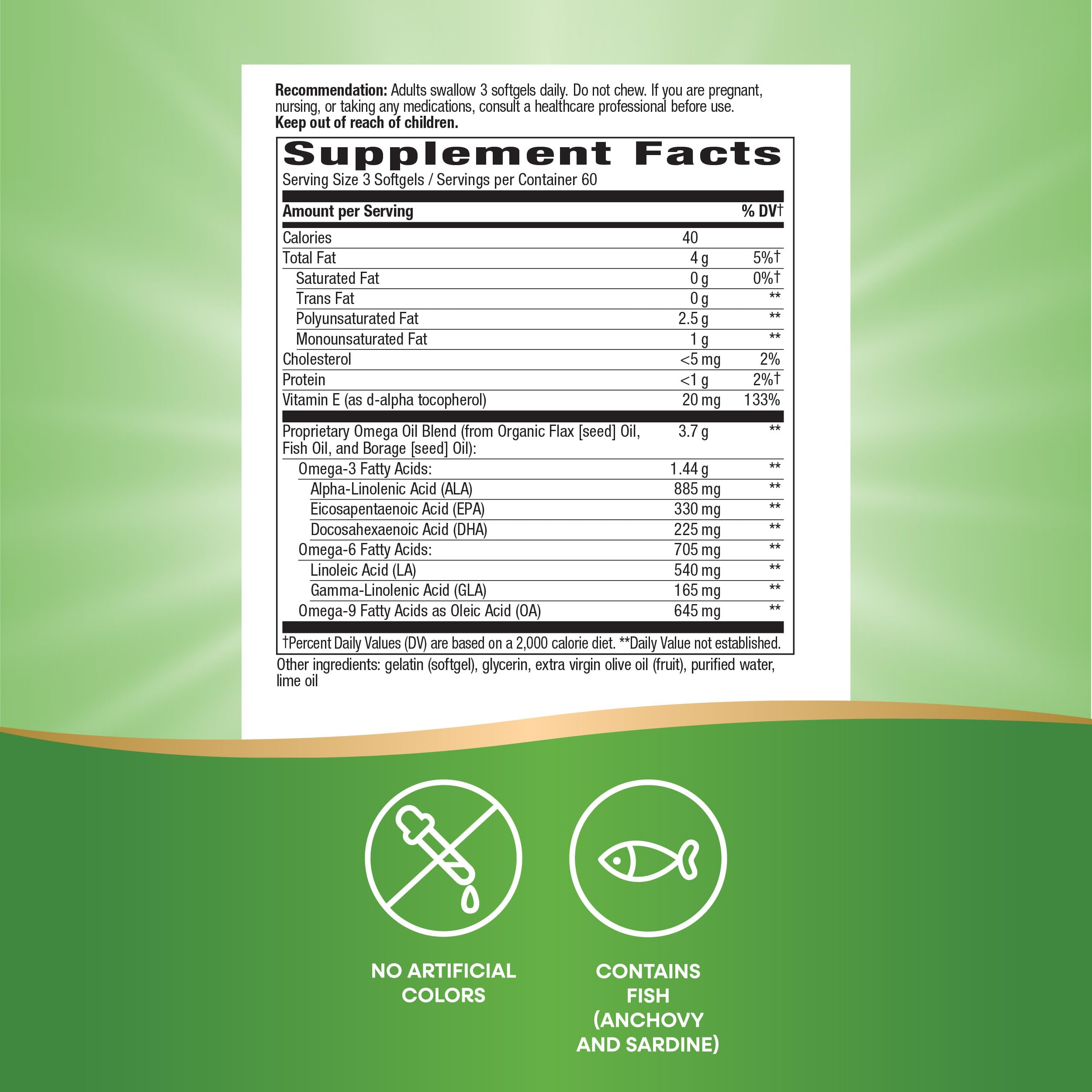 Ingredients view of Nature’s Way Mega 3/6/9: fish flax borage oils