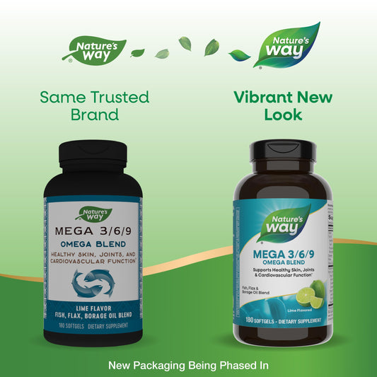 Close-up of Nature’s Way Mega 3/6/9 lime softgels
