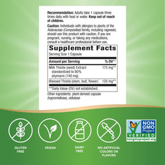 Nature's Way Milk Thistle bottle back label highlights 80% silymarin potency