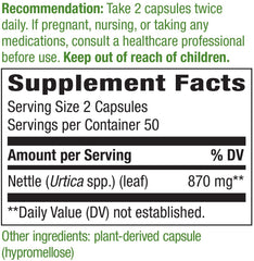 Nature's Way nettle leaf capsules in a 435 mg bottle, Non-GMO verified.
