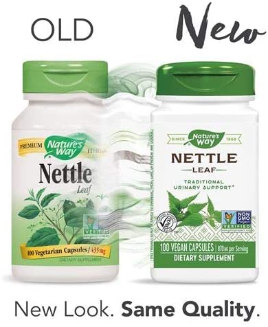 Nature's Way nettle leaf product label highlighting vegetarian formula.